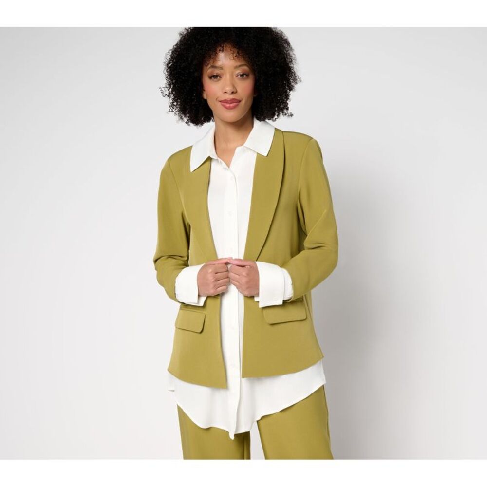 SUNNYLiFE Women's Plus Sz Jacket 1X Crepe Blazer Attached Shirt DarkGreen